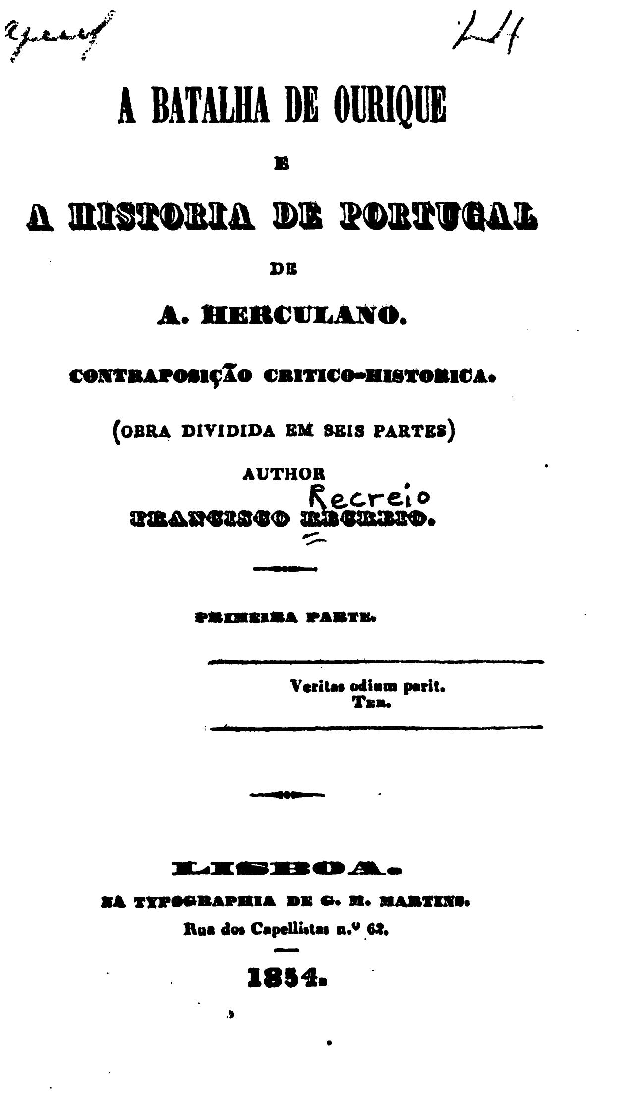 Capa de A Batalha de Ourique e a Historia de Portugal de A. Herculano; contraposição critico-historica