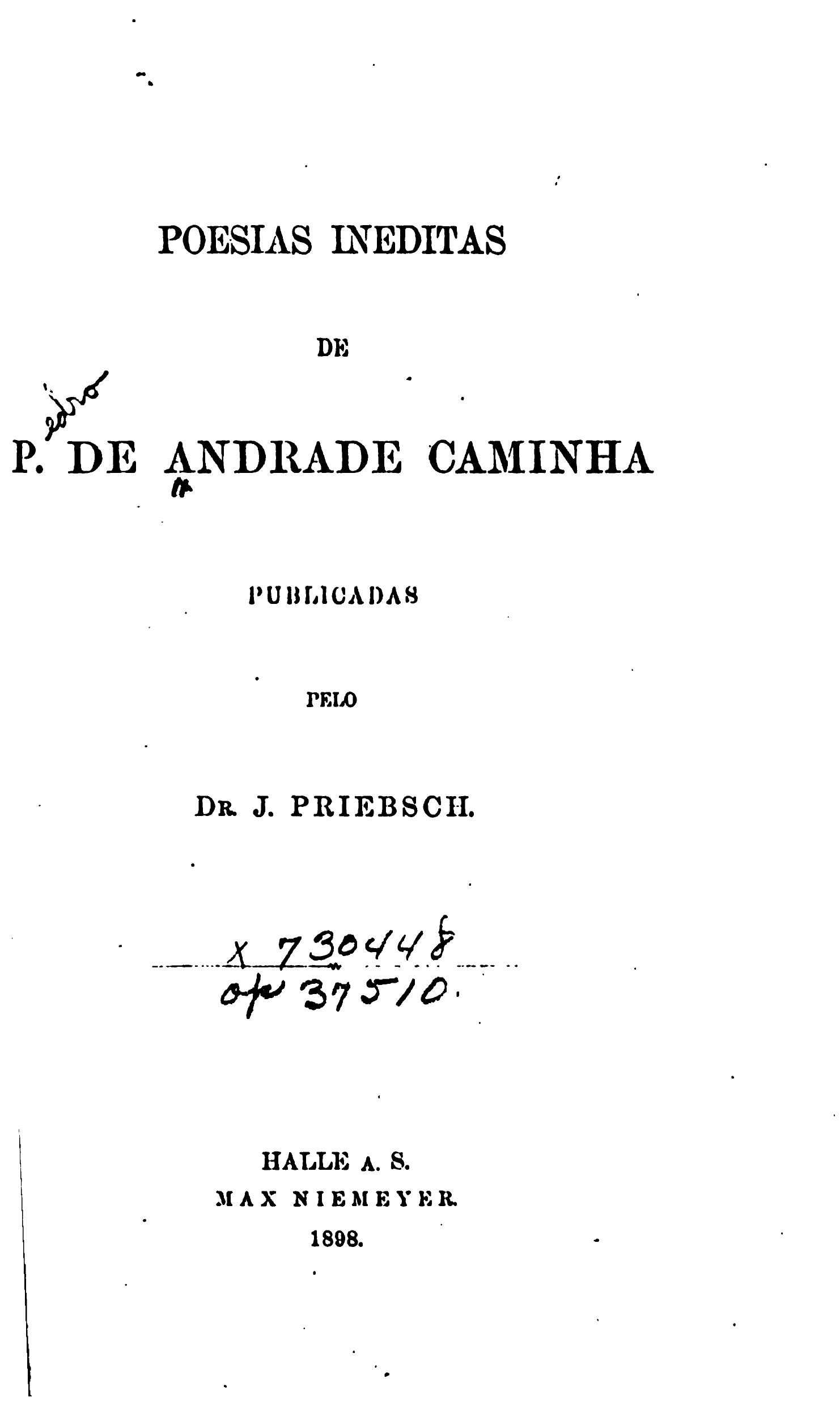 Capa de Poesias ineditas de P. de Andrade Caminha, publicadas pelo dr. J. Priebsch