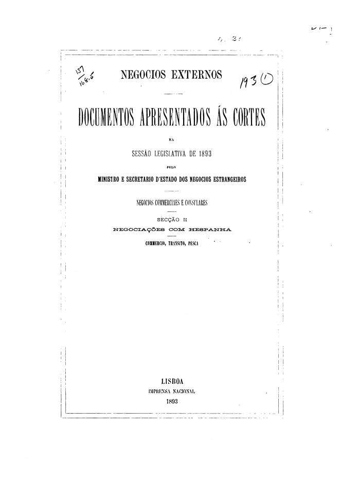 Capa de Negocios externos. Documentos apresentados ás Cortes na sessão legislativa de 1893 ...…