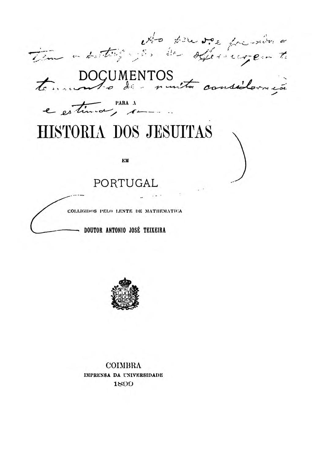 Capa de Documentos para a historia dos jesuitas em Portugal, colligidos pelo lente de mathematica