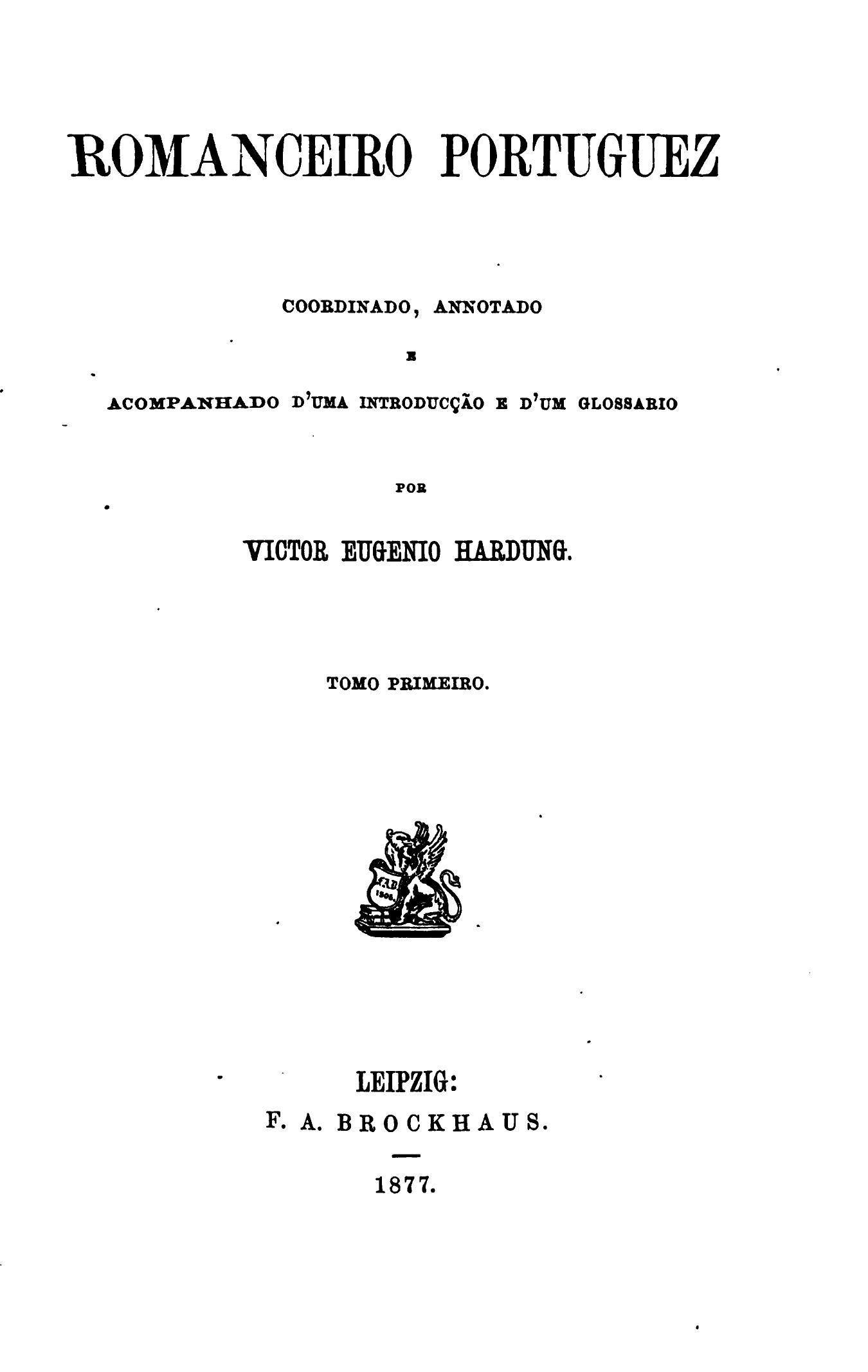 Capa de Romanceiro portuguez, coordinado, annotado e acompanhado d'uma introducção e d'um glossario