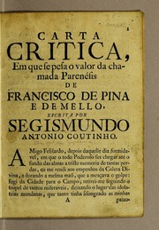 Capa de Carta critica, : em que se pesa o valor da chamada Parenésis de Francisco de Pina e de Mello,