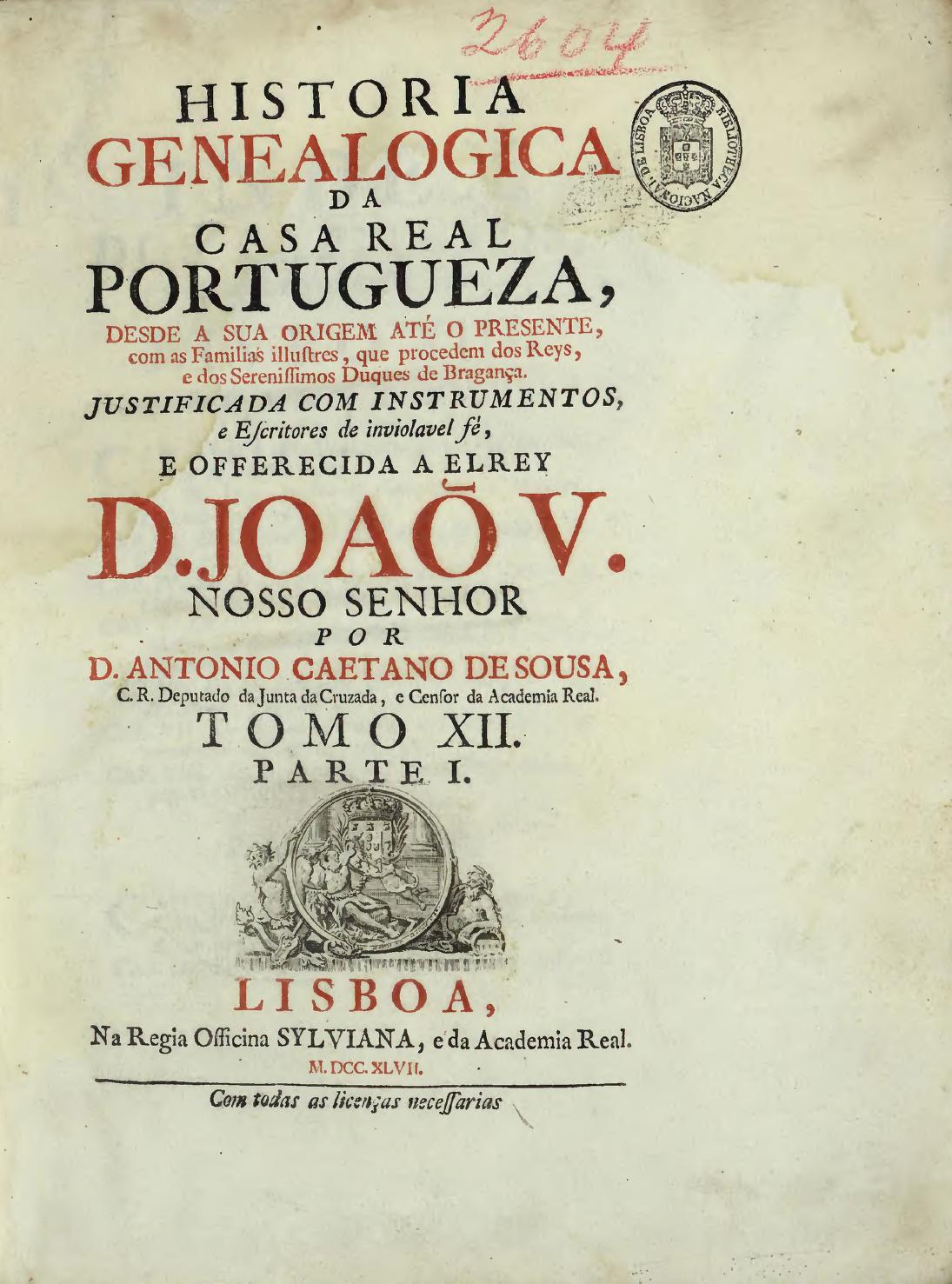 Capa de História Genealógica da Casa Real Portuguesa — Tomo XII, Parte I