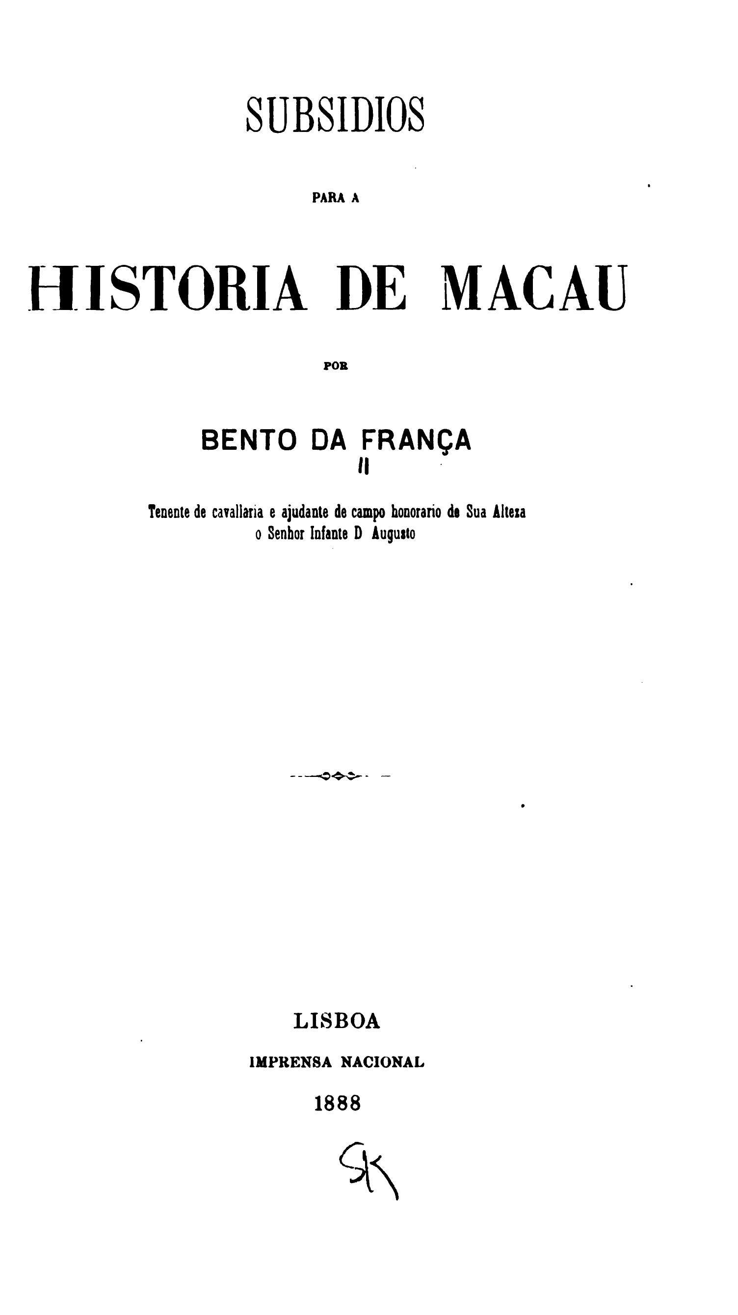 Capa de Subsidios para a historia de Macau