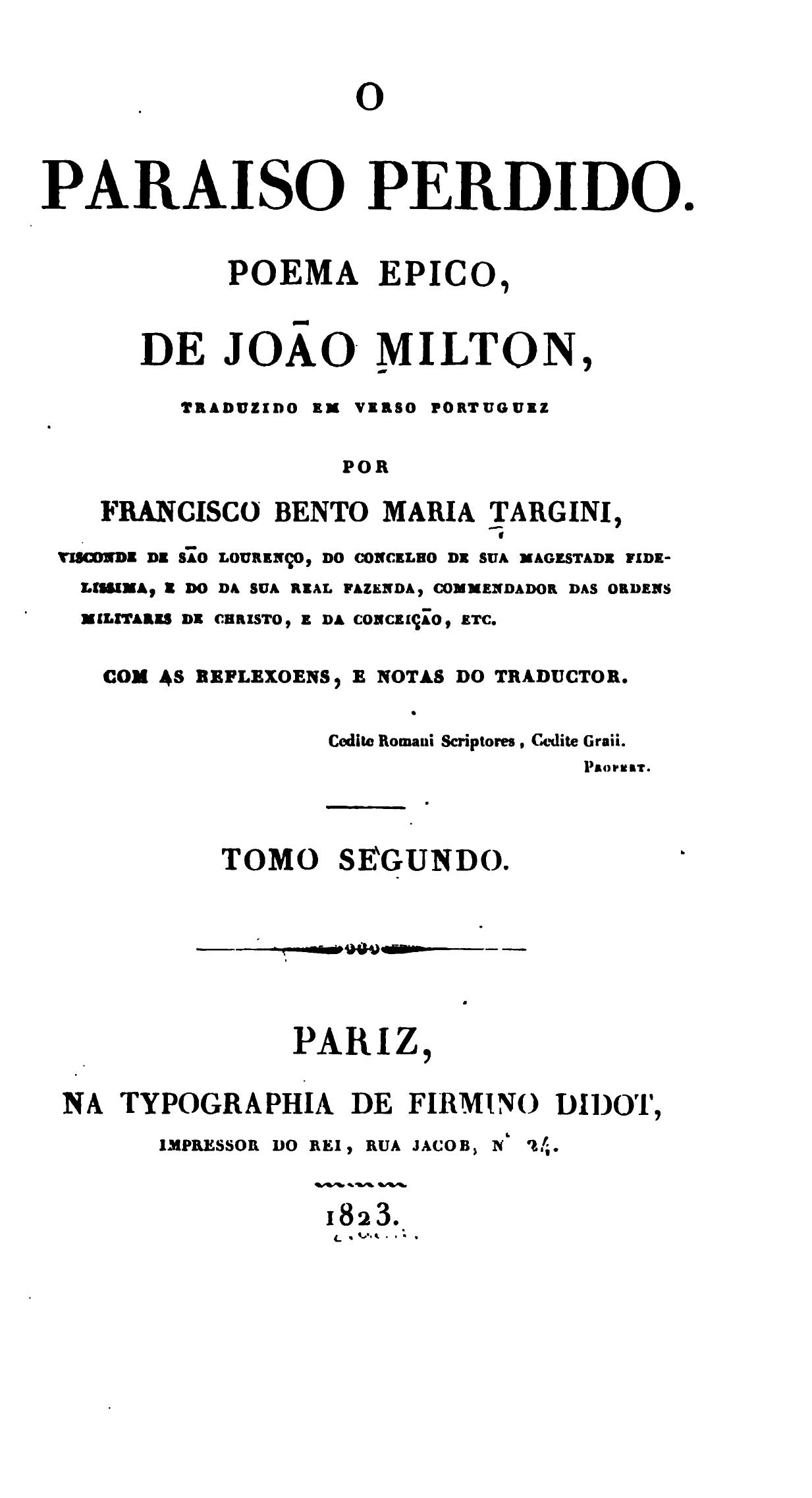 Capa de O paraiso perdido : poema epico