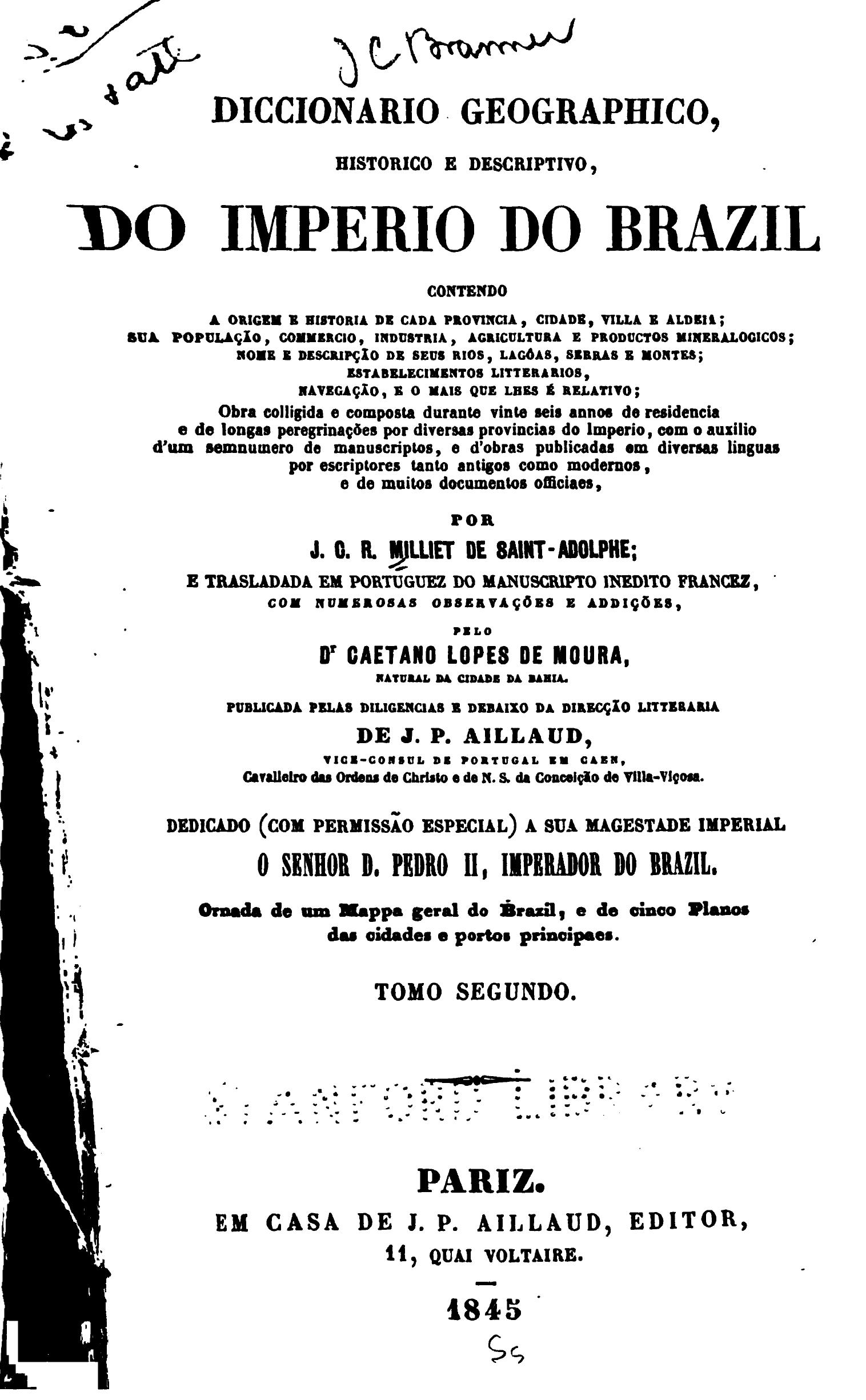 Capa de Diccionario geographico, historico e descriptivo, do imperio do Brazil ...