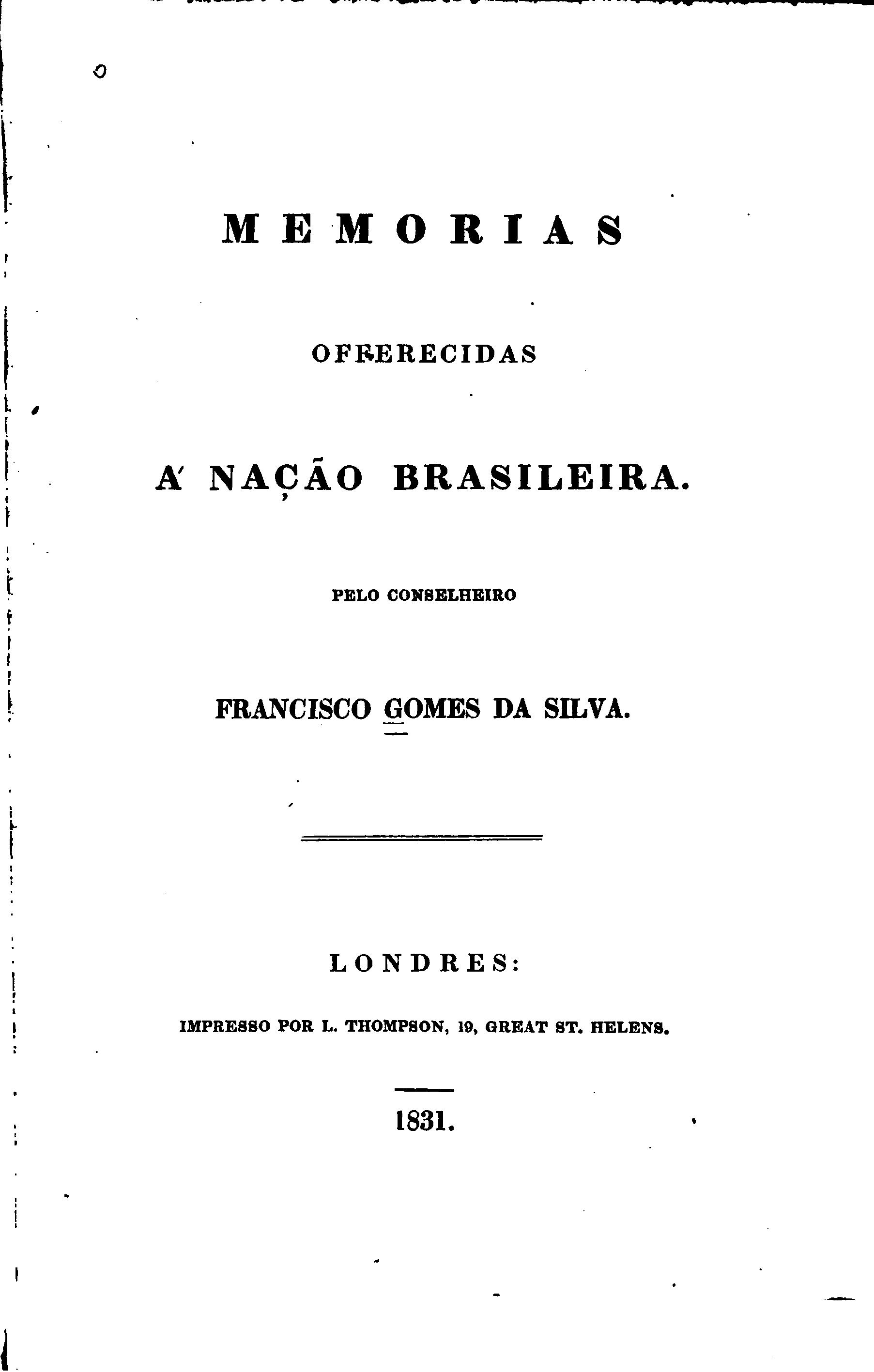 Capa de Memorias offerecidas a nação brasileira