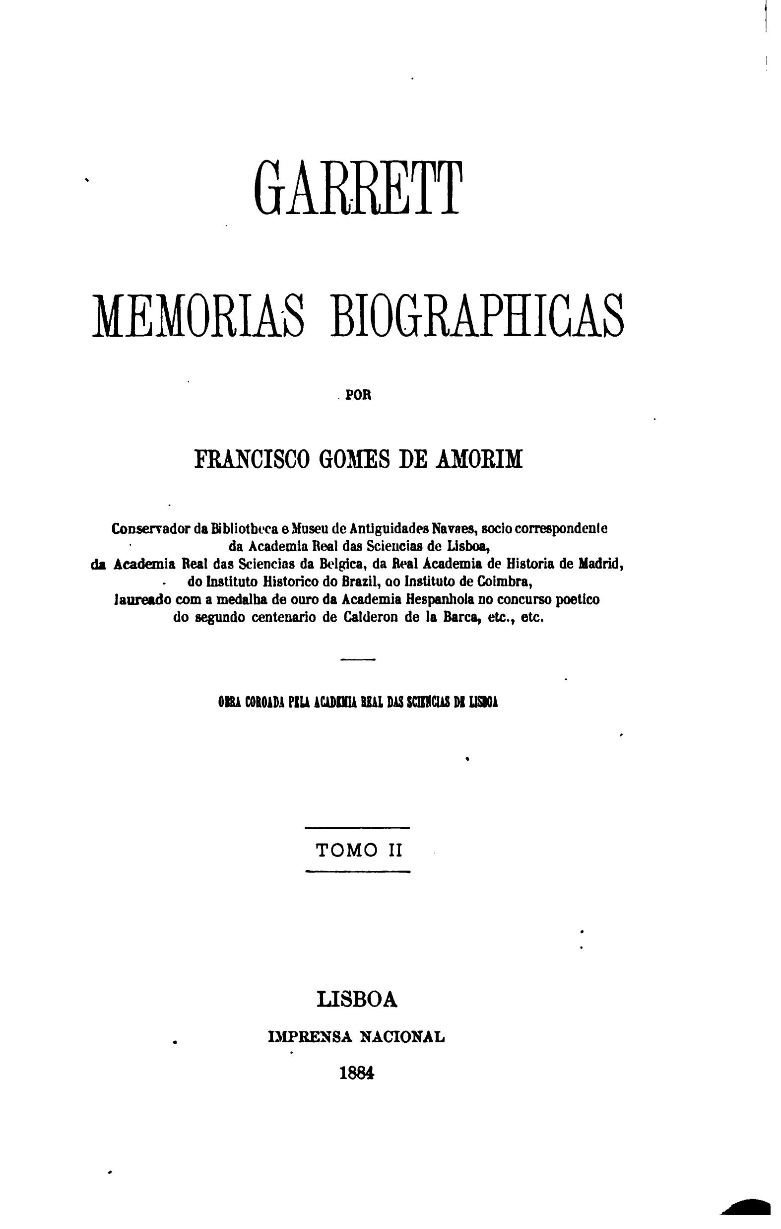 Capa de Garrett, memorias biographicas